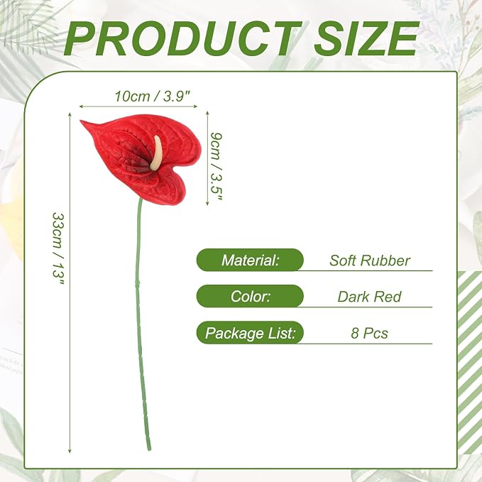 uxcell 8Pcs 11inch Artificial Anthurium Lily Flowers, Permanent Flower Bouquet for Home Arrangements Wedding Festival Decoration Crafts Store Decor Accessories, Dark Red