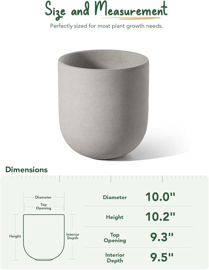 10 Inch Plant Pot, Ceramic Pots for Plants with Drainage Hole and Rubber Plug, Plant Pots Indoor for Home Garden Patio Office, Cylinder Flower Planter Pot, Neutral Gray