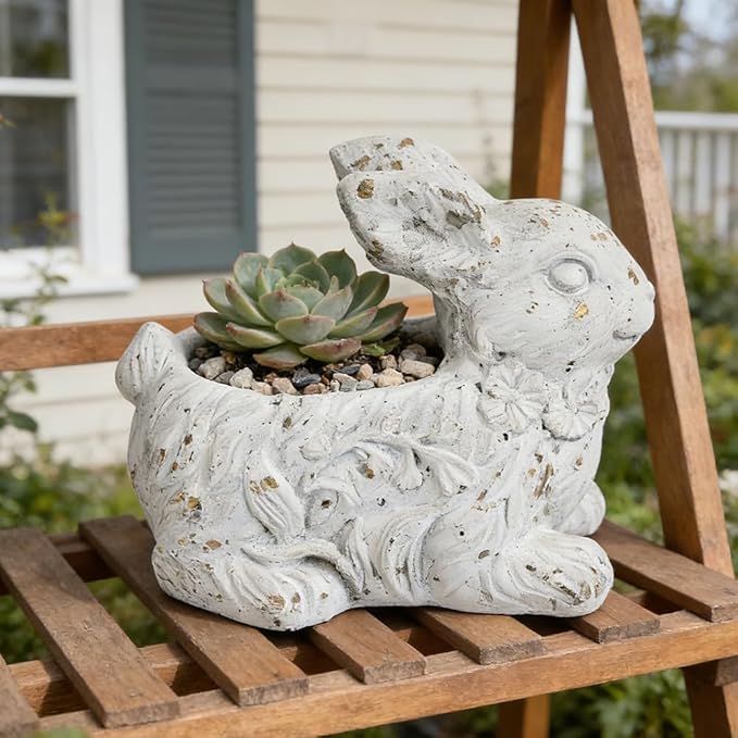 Vintage Cement Animal Planter Pots,Cement Succulent Planter,Indoor & Outdoor Garden Decor Rustic Shabby Flower Plants for Home,Patio,Balcony(Rabbit)