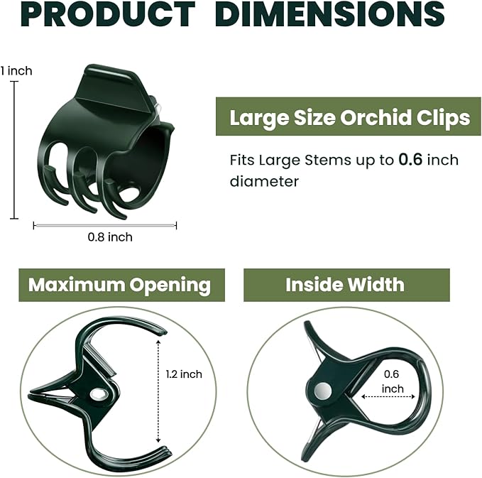 50 Pcs Large Orchid Clips - 1.2-inch Max Opening, Dark Green Heavy-Duty Plant Support Clips, Gentle Hold for Thick Stems and Large Orchids Like Cattleya and Dendrobium