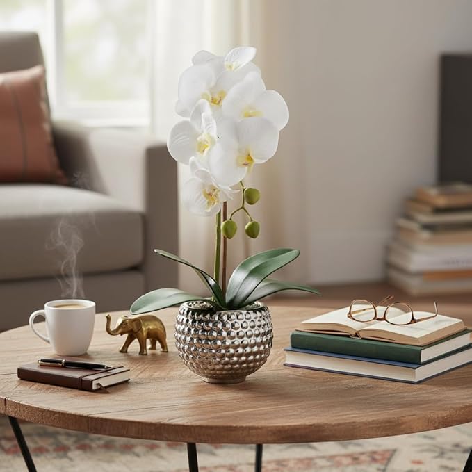 Fake Flowers with Vase, Large Orchids Artificial Flowers in Silver Pot Fake Orchid Fake Plant in Pots Artificial Flowers for Home Decor Indoor Table Centerpiece Bathroom Decoration