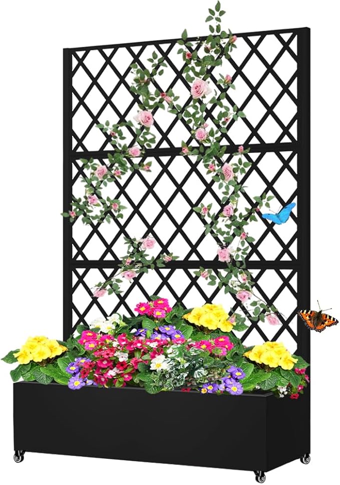 Metal Planter Box with Privacy Screen Trellis,Galvanized Raised Garden Bed On Wheels for Climbing Plants Vines, Standing Garden Flower Bed with Drainage Holes (Black, 47" L x16 W x 73" H)