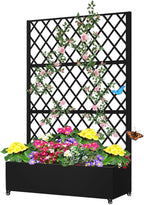 Metal Planter Box with Privacy Screen Trellis,Galvanized Raised Garden Bed On Wheels for Climbing Plants Vines, Standing Garden Flower Bed with Drainage Holes (Black, 47" L x16 W x 73" H)