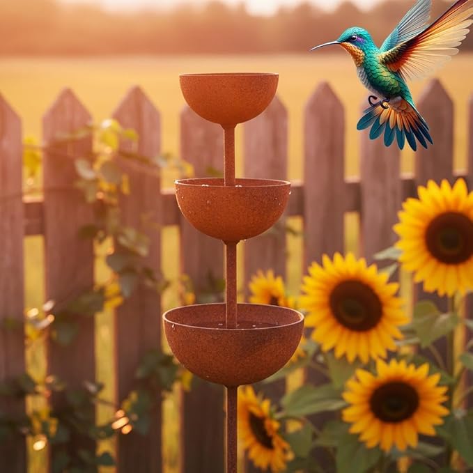 Rain Catcher - Plant Support Metal Garden Ornament,3-Tier Rain Catcher Garden Stake with Water Bowls,Rusty Metal Flower GardenStakes Bird Bath,Bird Bath & Bee Watering Station for Outdoor Patio Decor