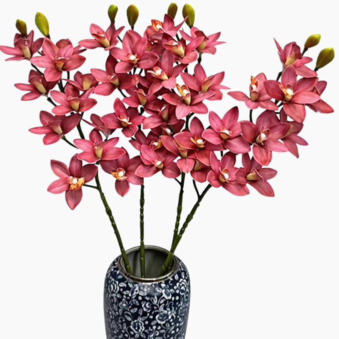4pcs Artificial Cymbidium Orchid Flower Plant 3D Print Vanda 10 Heads Latex Phalaenopsis Flower (deep Pink)