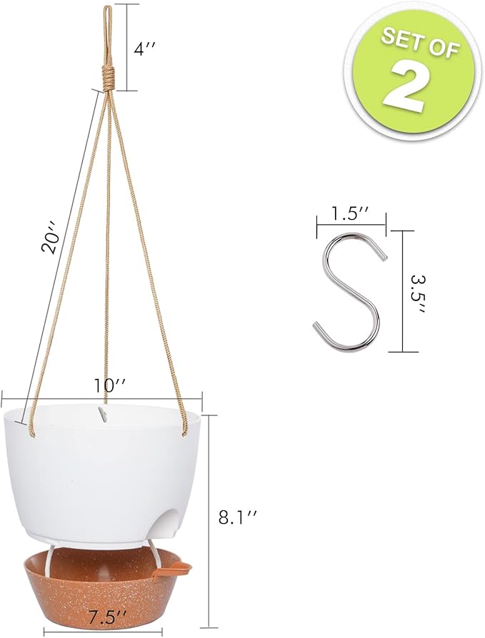 SwinDuck 10 Inch Self Watering Hanging Pots, 2 Pack Hanging Planters with 40oZ Deep Reservior for Indoor Outdoor Plants Flowers, White with Brown