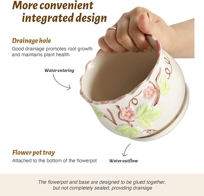Ceramic Plant Pots with Drainage Holes and Saucers, Round Flower Pots for Indoor Plant, 4/5.2/6.6 Inches Vintage Flower Planters Set of 3