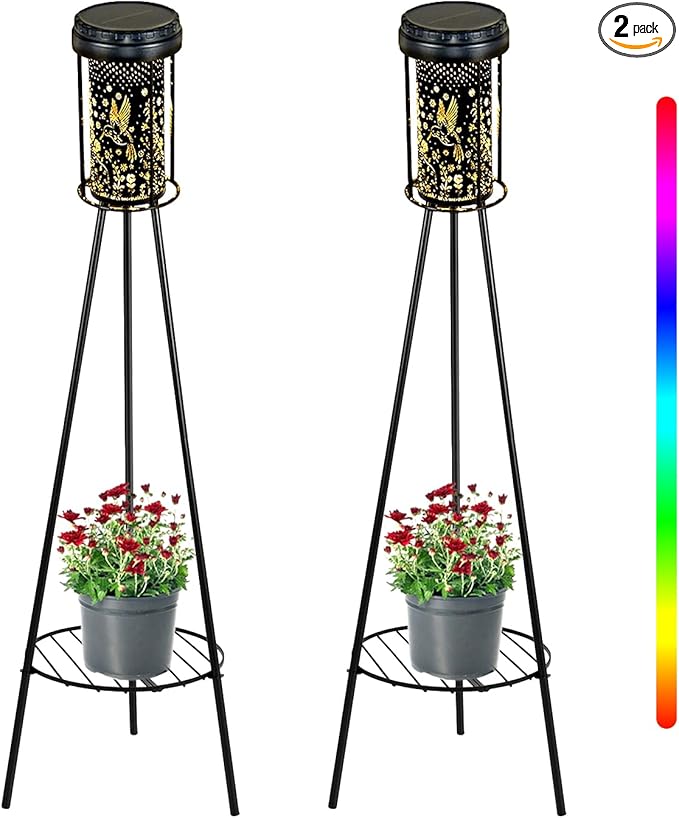 Outdoor Solar Floor Lamps RGB Color-Changing Hummingbird Projection Metal Plant-Stand Garden Light,42.5" Waterproof Decorative Solar Lamp for Patio,Deck,Yard,Porch,Path,2 Pack