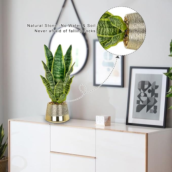 Oairse Artificial Potted Plant, Fake Snake Plant in Gold Pot 16.9 inch Faux Sansevieria Trifasciata Artificial Plants Indoor with Pot for Home Office Living Room Indoor Outdoor Decor