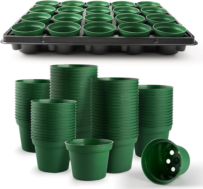 RooTrimmer 3 Inch Nursery Pots 100 Pcs with 5 Pcs 20 Cell Nursery Pot Trays, 5 Sets Seed Starting Kit for Seedlings, Propagation and Home Gardening, Sturdy Green Seeds Starter Pot Tray Germination Set