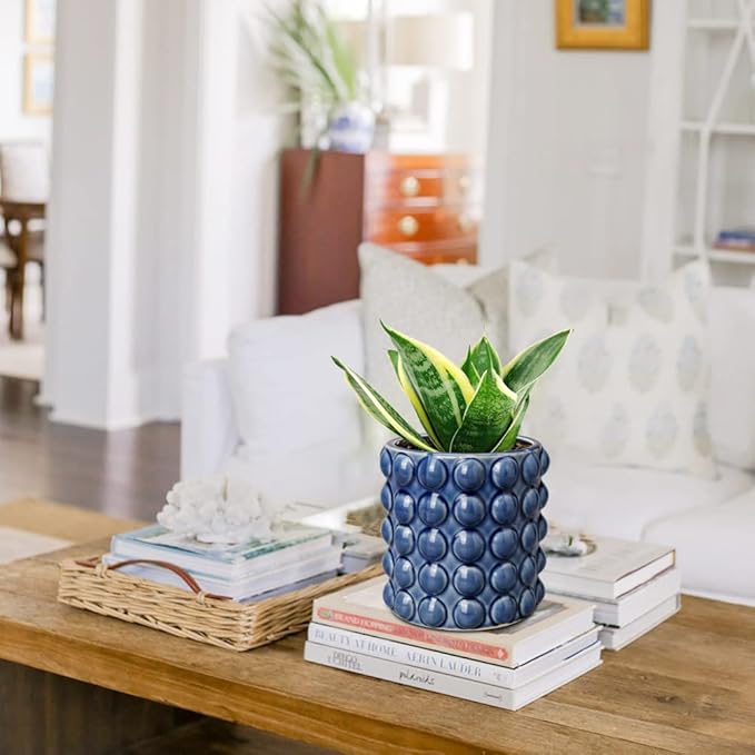6 Inch Ceramic Planter Pot for Indoor Plants with Drainage Hole Bubble Flower Planter Hobnail Plant Pot Garden Planter Blue Succulent Plant Pot Utensil Holder