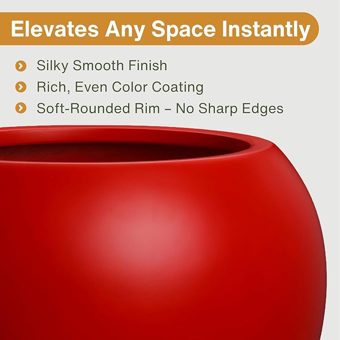 16" H x 20" D Premium Globo Fiberstone Round Planter with Drainage Hole, Smooth Finishes, Weather Resistant for Indoor and Outdoor Use, Included 2 Extra Coco Mats (Red, 13.5" Pot Opening)