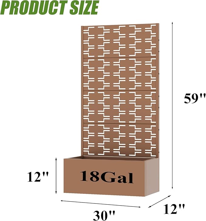 Casaphoria Metal Raised Garden Bed with Trellis, 59"x30"x12" Planter Box for Climbing Plants, Vegetables & Vines, Features Drainage Holes and Privacy Screen, Brown-Brick
