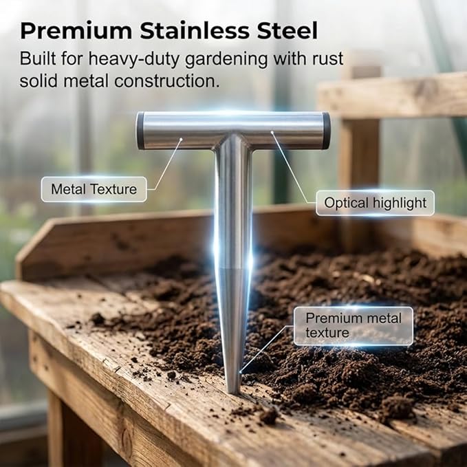 Plant Hole Digger for Planting, 2026 New T Wooden Handle, Seed Planter Tool for Plant Labels, for Self Watering Stakes, Hand Held Bulb Planter for Tulip Daffodil Crocus Garden Tool (L Hollow)