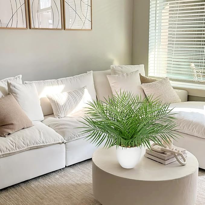 Briful Artificial Palm Plant in White Pot, 18” Faux Tropical Tabletop Plant with 14 Realistic Leaves, Small Potted Palm Tree for Farmhouse, Coffee Table, Entryway, Bathroom, Shelf & Living Room Decor