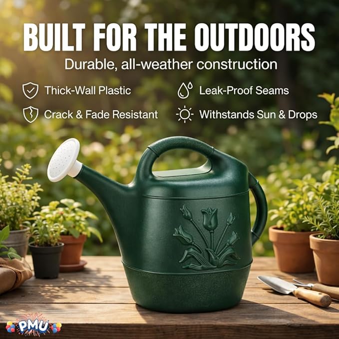 PMU 2 Gallon Watering Can - Garden Watering Can for Indoor & Outdoor Plants - Plastic Water Can with Detachable Sprinkler Head - Large Water Pot, Made in USA - Hunter Green Pkg/12