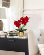 Briful Orchid Fake Flowers 13'' Red Silk Orchid Artificial Flowers with Gold Pot Small Faux Orchid Arrangement for Home Office Dining Room Table Centerpiece Shelf Decor