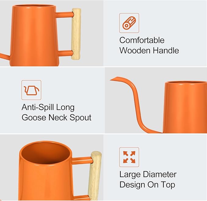 Watering Can Indoor Plants, 35 oz/1000 ml Metal Stainless Steel Watering Can Pot with Long Spout for Indoor House Plants Bonsai Outdoor Garden Flower Decorative (Orange)