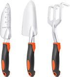 Garden Tools Set, 3 Pack Heavy Duty Gardening Tools Set Include Garden Shovel, Transplant Trowel and Hand Rake with Ergonomic Handle, Aluminum Alloy Lawn for Planting, Orange