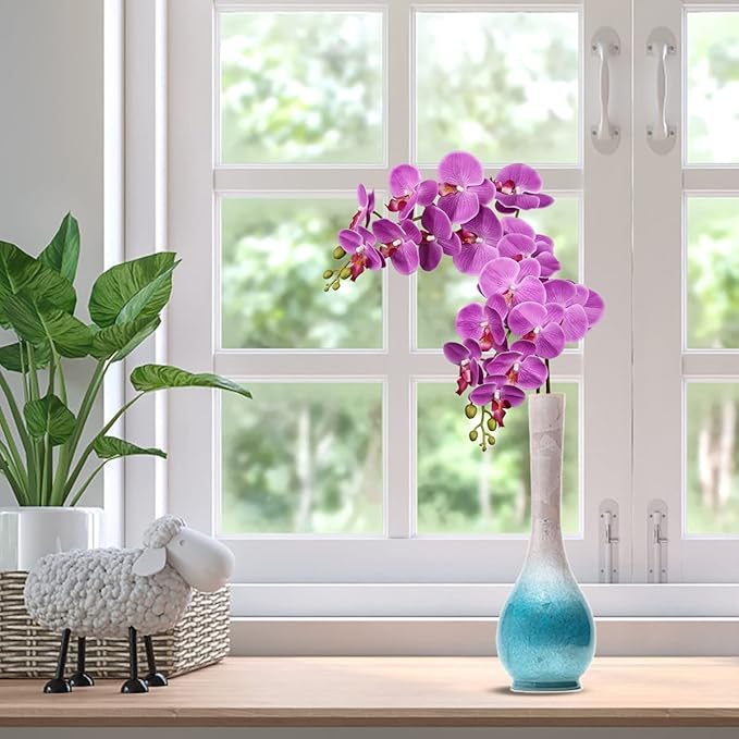 4 Pcs Artificial Orchid Flowers 9 Large Heads of Real Touch Vivid Phalaenopsis Orchid Flower Stem 36'' Tall, Artificial Flowers Branches for Home Decor, Office House Decoration-Purple Phalaenopsis