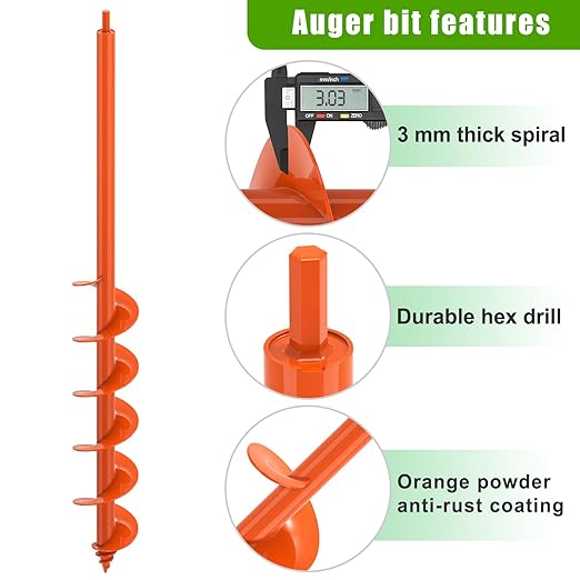 Insaga Threaded Auger Drill Bit Pro, 3.5''x32'' Garden Earth Auger with Self-Tapping Screw & Reinforced Weld, 3MM Heavy Duty Spiral Drill Bit for Drill,for Bulbs Flowers Plants Post Hole Digger