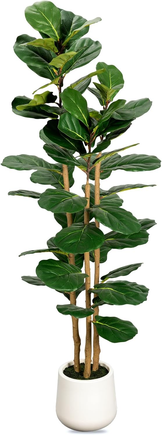 Artificial Fiddle Leaf Fig Tree in Modern White Planter, 5ft Large Fake Tree with 3 Sturdy Trunks, Fake Plants Faux Fig Tree with Moss, Lifelike Tall Artificial Plants Indoor for Office Home Decor