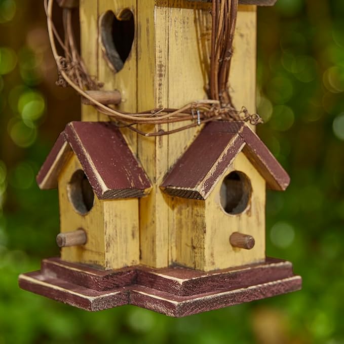 Glitzhome Birdhouses for Outdoors,Hummingbird Houses for Outside, 11.5"H Yellow Hand Painted Distressed Solid Wood Bird Nesting Box Decorative Birdhouse with Rattan Hanging Bird House for Patio Garden