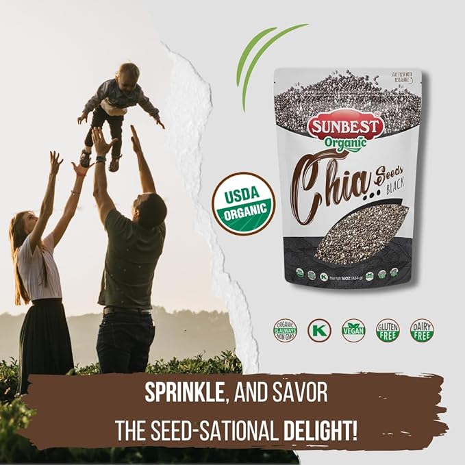 Sunbest Natural Organic Black Chia Seeds – 2-Pack (16 oz each) – Non-GMO, Vegan, Kosher – High in Omega-3, Fiber & Protein – Perfect for Smoothies, Baking & Cooking