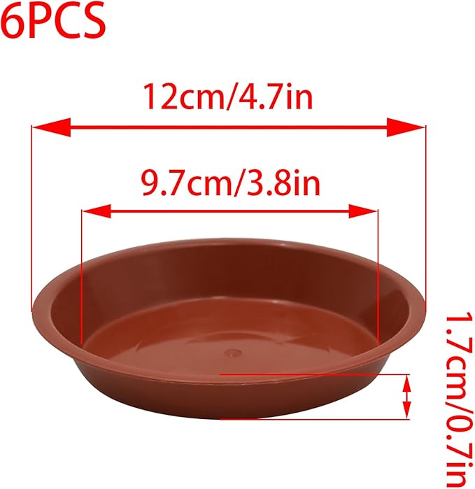 6pcs Terracotta Plastic Plant Saucers (4 inch) - Heavy Duty Indoor Plant Trays for Pots with Water Drainage, Drip Catcher & Decor (Set of 6 Round Saucers)