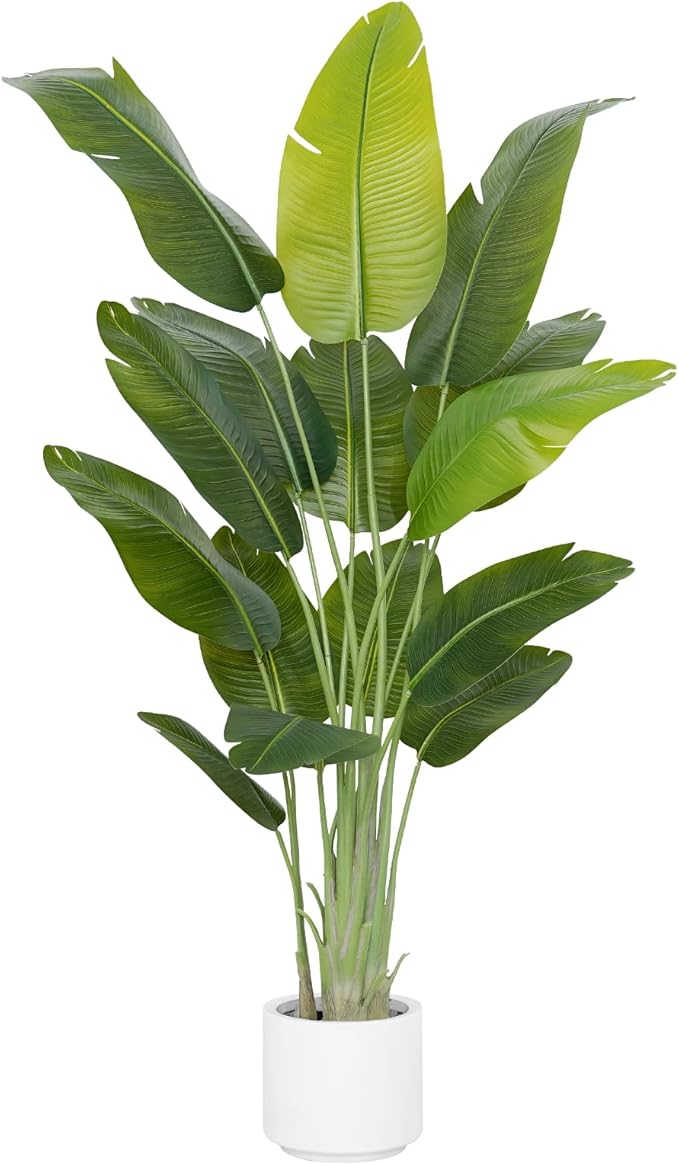 Artificial Bird of Paradise Plant 6.5Ft Tall Fake Tropical Palm Tree Large Fake Plants with 15 Silk Banana Leaves Faux Plant Indoor Decor Trees White Pot for Home Bedroom Living Room Office
