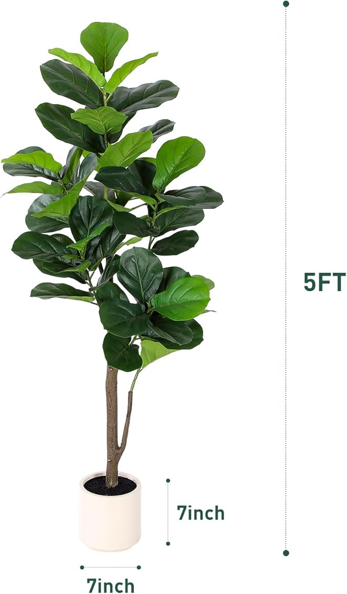 Artificial Fiddle Leaf Fig Tree 5FT with Planter Faux Trees Indoor Tall Artificial Tree, Stable Base, 58 Realistic Leaves, for Indoor/Outdoor Home Office Living Room Decor, Housewarming Gift