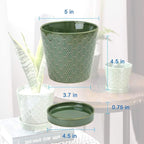 BUYMAX Plant Pots Indoor –5 inch Ceramic Flower Pot with Drainage Hole and Ceramic Tray - Gardening Home Desktop Office Windowsill Decoration Gift, Set of 4-Plants NOT Included (Patina)
