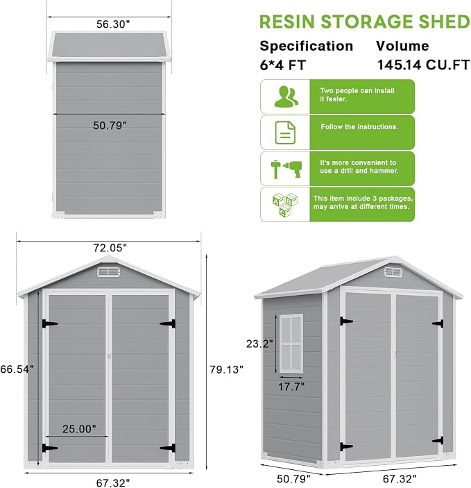 6x4 FT Outdoor Storage Shed with Floor & Window, All-Weather Resin Garden Tool Shed, Waterproof Plastic Garden Shed with Lockable Door, Vents & Roof Rainwater Drainage for Backyard, Garden, Poolside