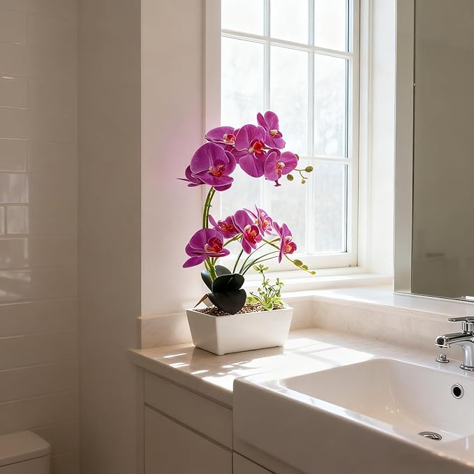Purple Orchid Artificial Flowers Indoor Large Faux Orchids in Pot Phalaenopsis Flowers Arrangement Fake Flowers Dining Table Decor Centerpiece Bathroom Plants Home Decoration
