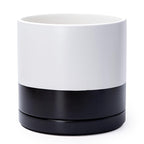 D'vine Dev 12 Inch Ceramic Planter Pot with Drainage Hole and Saucer, Indoor Cylinder Round Planter Pot, Layered Monochrome Black & White, 94-O-F-L