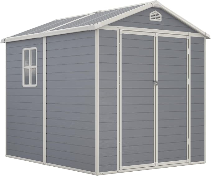 Aoxun 6x8 FT Outdoor Storage Shed, Garden Resin Shed with Floor and Window for Patio, Lawn, Plastic Outdoor Storage with Lockable Door for Bike, Tools, Garbage Can, Grey