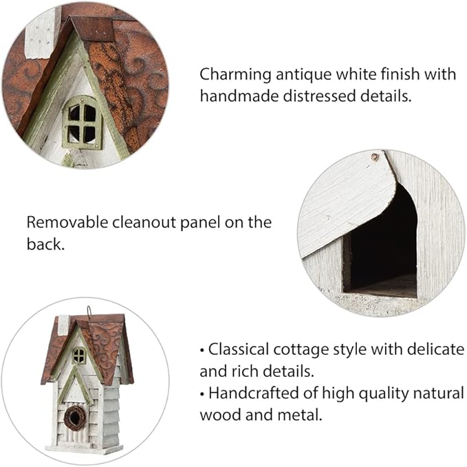 Glitzhome Bird Houses for Outside, 12" H Washed White Distressed Solid Wood Cottage Bird Nesting Box Hanging Bird House for Outdoors, Decorative Birdhouse for Bluebird Wren Sparrow Finch Cardinal