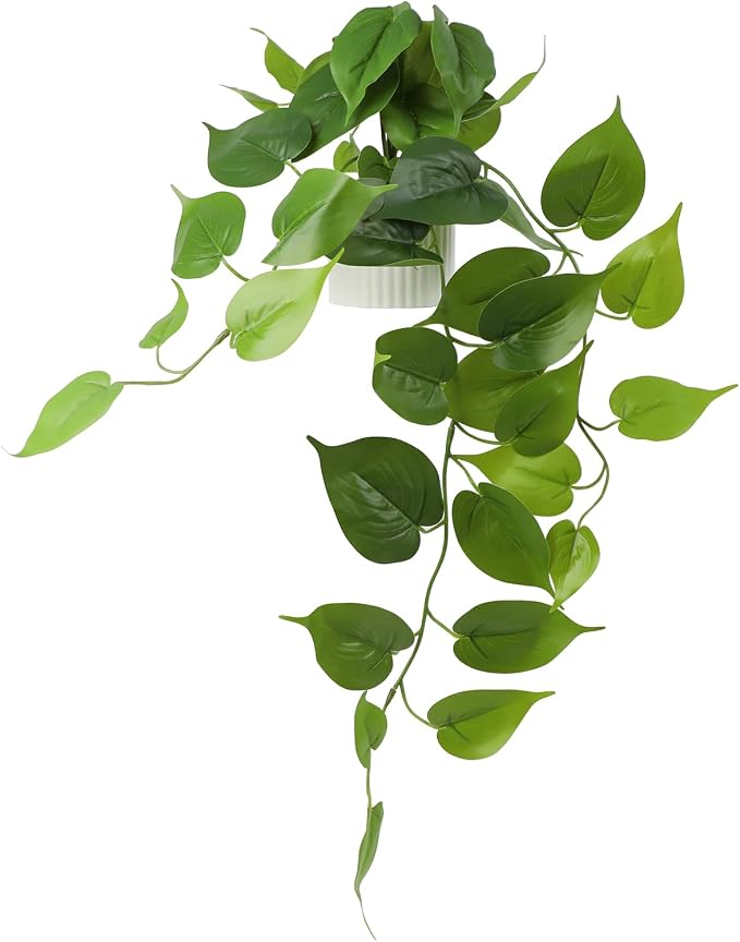 Fake Pothos Hanging Plant – Artificial Plastic Ivy Vines with White Pot, Realistic Faux Greenery for Indoor Home Office Bathroom Shelf Cabinet Decoration