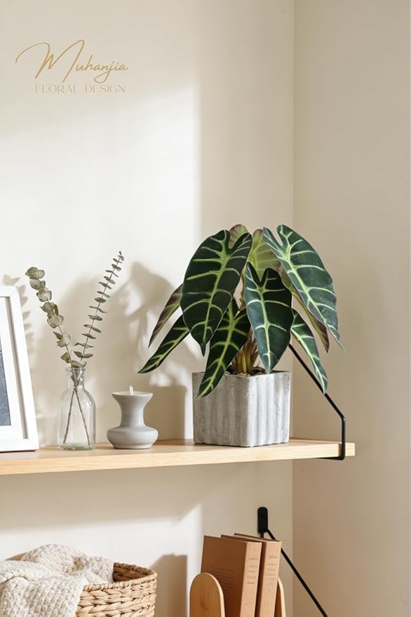 Muhanjia Artificial Potted Plant, Lifelike Faux Greenery in Decorative Cement-Look Square Pot for Indoor Home Decor Centerpieces (Alocasia)