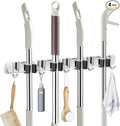 IMILLET Broom Holder Wall Mounted, Stainless Steel Broom Mop Holder Self Adhesive Heavy Duty Hooks Storage Organizer for Home Laundry Room Garden Garage Closet Kitchen 1 Pack（4 Racks with 5 Hooks）