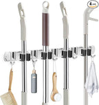 IMILLET Broom Holder Wall Mounted, Stainless Steel Broom Mop Holder Self Adhesive Heavy Duty Hooks Storage Organizer for Home Laundry Room Garden Garage Closet Kitchen 1 Pack（4 Racks with 5 Hooks）