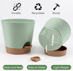 Indoor Self Watering Planters with Drainage Holes and Saucers, 8, 7, 6.5, 6, 5.5, 5 Inches, Green, 6 Pots.