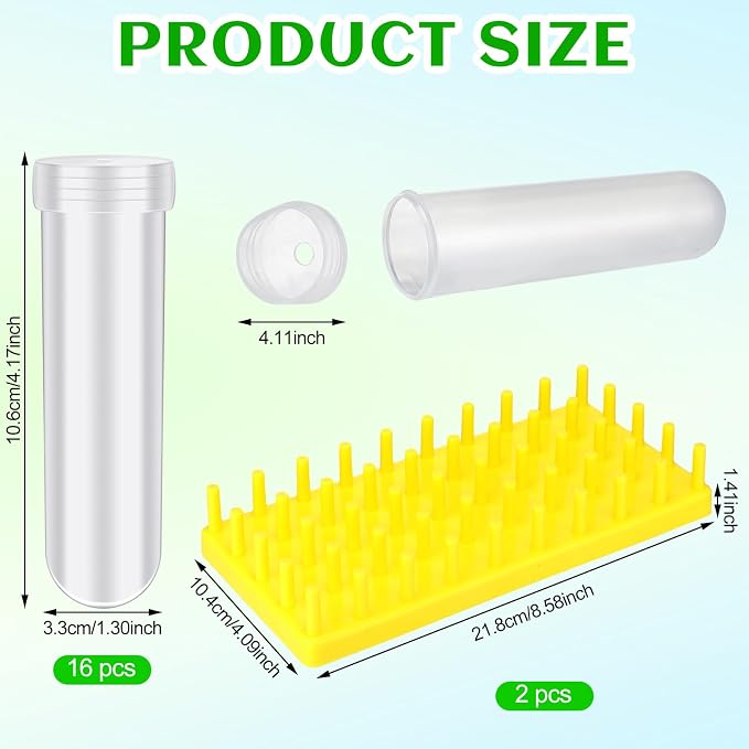 Beeveer 2 Short Peg Rack with 16 Large Floral Tubes Floral Water Tubes for Feeding Fresh Milkweed Cuttings Host Plants Nectar Flowers Habitat Supplies