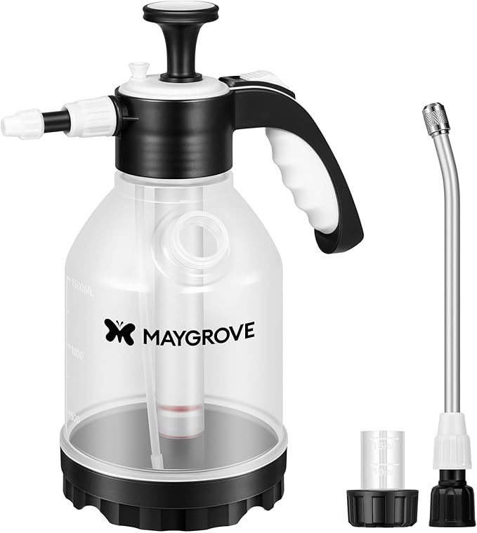 MAYGROVE 0.4 Gal Pump Sprayer, Hand Water Spray Bottle for Indoor Plant, Clear Plant Sprayer with Side Filling Port, Measuring Cup, Adjustable Nozzles, Safe Pressure Relief Valve