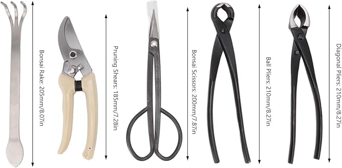 5 Piece Bonsai Tool Set, Carbon Steel Bonsai Scissors Rake Branch Cutter Pruning Shears Pliers Garden Tools