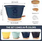 Plastic Plant Pots 10 Inch Set of 4, Self Watering Pots with Drainage Holes, Saucer & Reservoir, Flower Pots for Indoor/Outdoor Plants, Decorative Nursery Planting Pots (Blue)