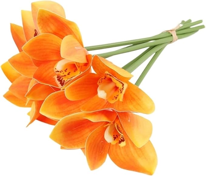2 Bunches of Simulated Hand-Feel Cymbidium Orchid Small Bunches of 6 Tied Hand-Tied Flowers for Home Living Room Dining Table Decoration Artificial Flowers (Orange)