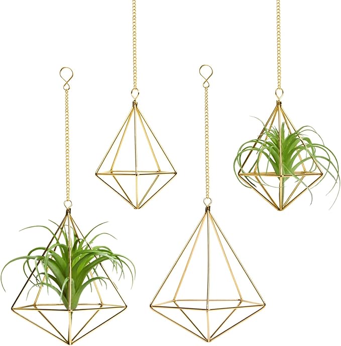 4 Pcs Geometric Himmeli Air Plant Holders - Metal Tillandsia Display Hangers with Chains, 2 Sizes (Small & Large) - Gold Home Decor, Housewarming Gift, Boho Wall or Ceiling Hanging Planter