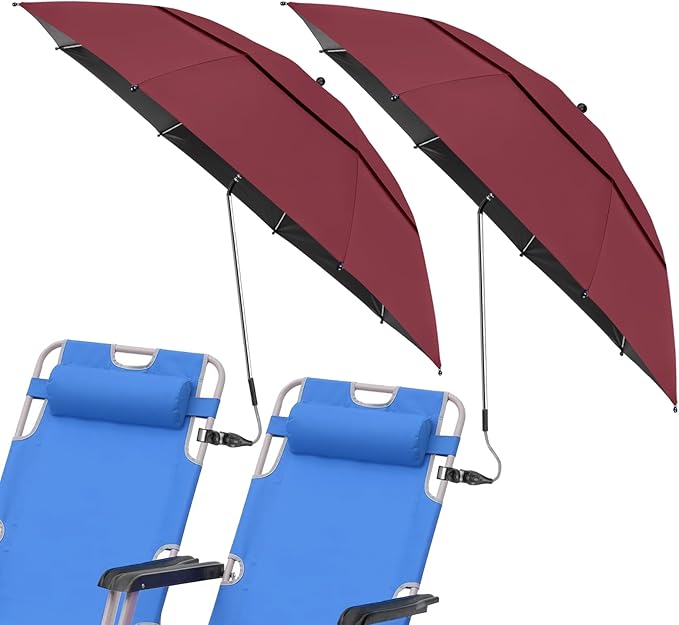 2 Pack 40.9'' Beach Chair Umbrella with 360° Adjustable Canopy & 270° Flexible Clamp, Double Canopy Sun Protection for Wheelchair, Patio, Golf Cart, Camping
