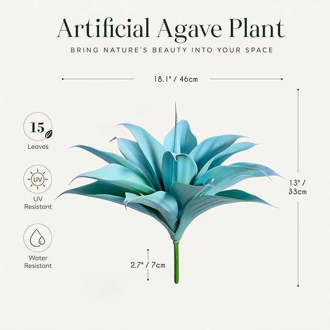 Ttranewsoo Artificial Agave Plants,Large UV Resistant Fake Agave Planters 12" for Indoor and Outdoor Decorating Tropical Plant Succulents Greenery Indoor Decor (Blue,2Pack)